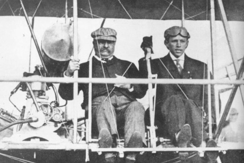 Theodore Roosevelt with aviator Archibald Hoxsey, ready to take off at Kinloch Field in St. Louis, Missouri, circa October 11, 1910.